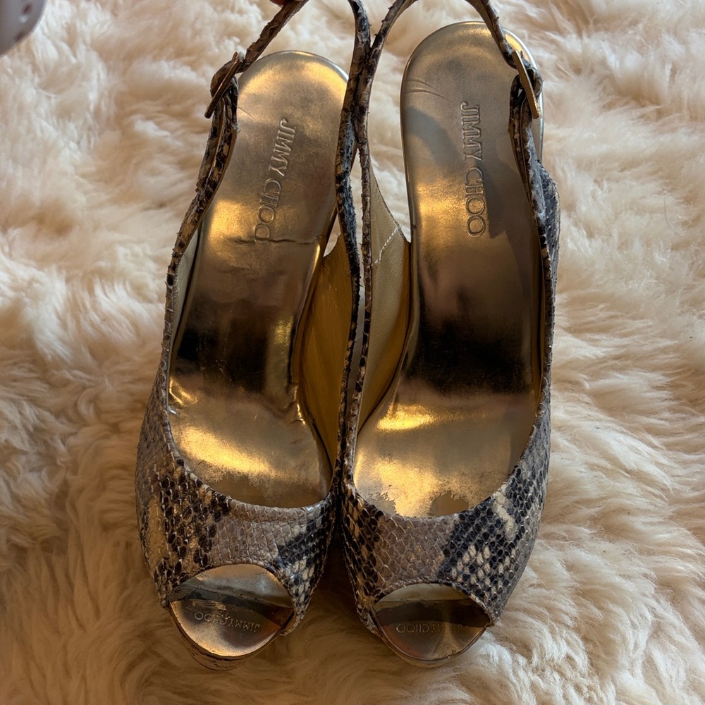 Jimmy Choo Snakeskin Peep-Toe Wedges - Picture 2 of 6